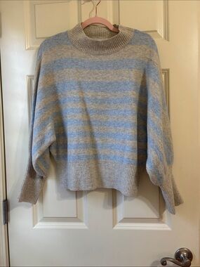 Lush Striped Turtleneck Sweater - Light Blue & Cream